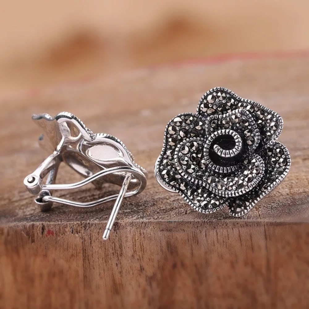 New! Sterling Silver Marcasite Rose Stud Earrings - Picture 5 of 13